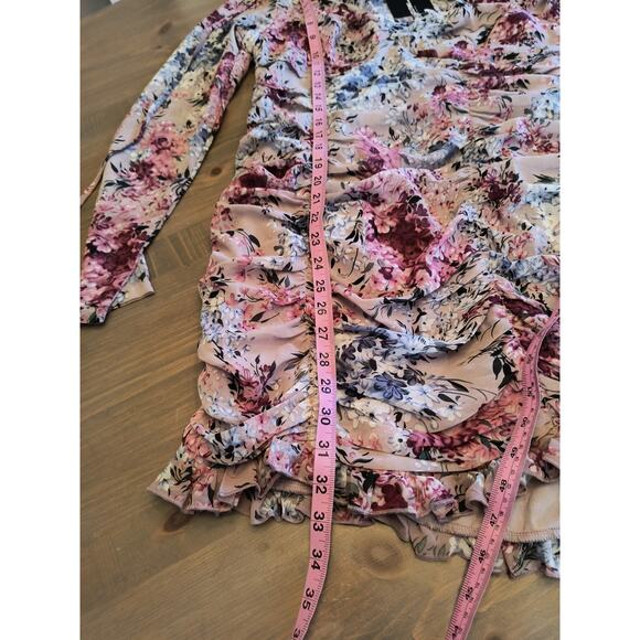 Pretty Little Thing Pink Floral Mini Dress Women's Sz 8 Long Sleeve Lined Ruched - Picture 15 of 16